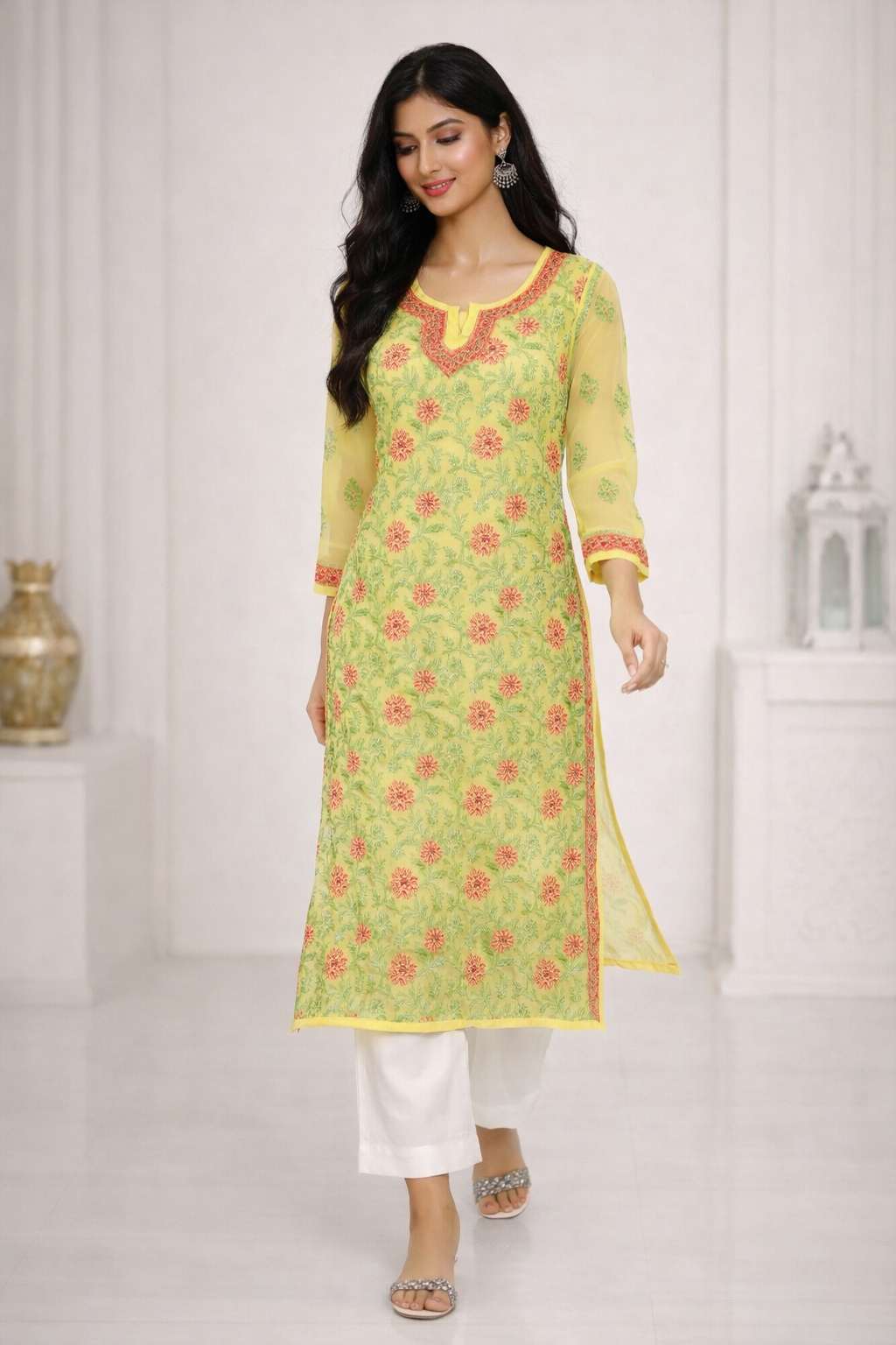 Lucknowi Chikankari Yellow 'Sunehri' Georgette Kurti-K30022