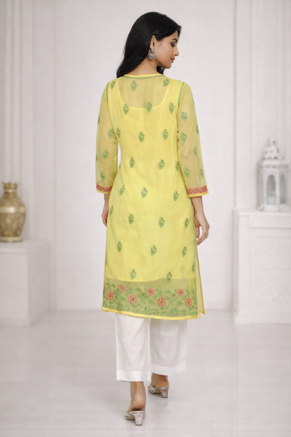 Lucknowi Chikankari Yellow 'Sunehri' Georgette Kurti-K30022