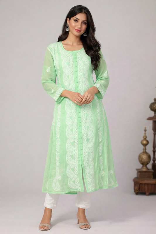 Lucknowi Chikankari Green 'Bahar' Georgette Anarkali-K30033