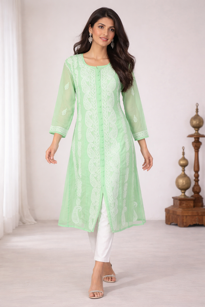Lucknowi Chikankari Green 'Bahar' Georgette Anarkali-K30033