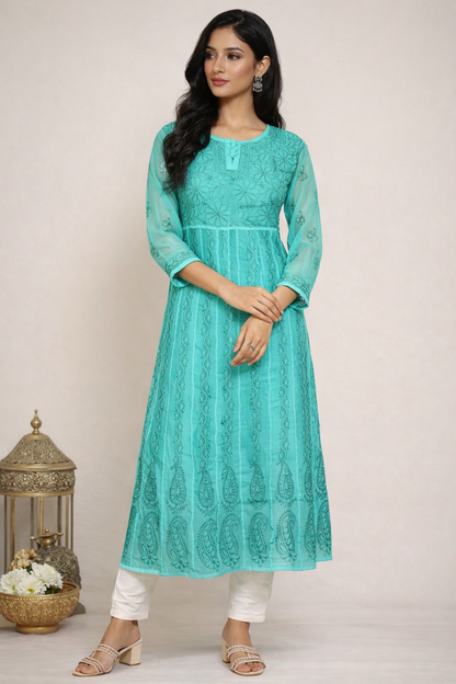 Lucknowi Chikankari Green 'Bahar' Georgette Anarkali-K30040