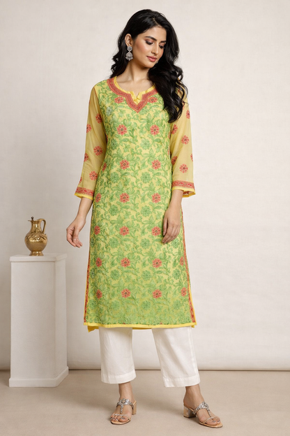 Lucknowi Chikankari Yellow 'Sunehri' Georgette Kurti-K30021