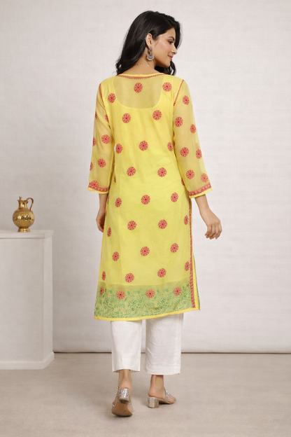 Lucknowi Chikankari Yellow 'Sunehri' Georgette Kurti-K30021