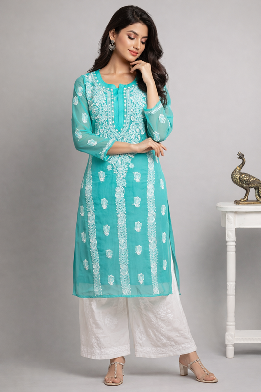 Lucknowi Chikankari Green 'Bahar' Georgette Kurti-K30015