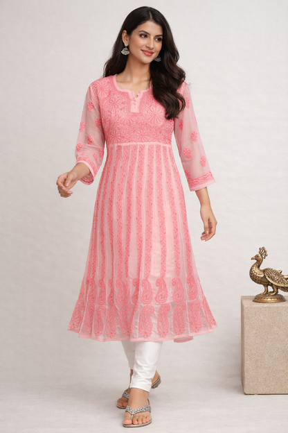Lucknowi Chikankari Peach 'Aarooi' Georgette Anarkali-K30038