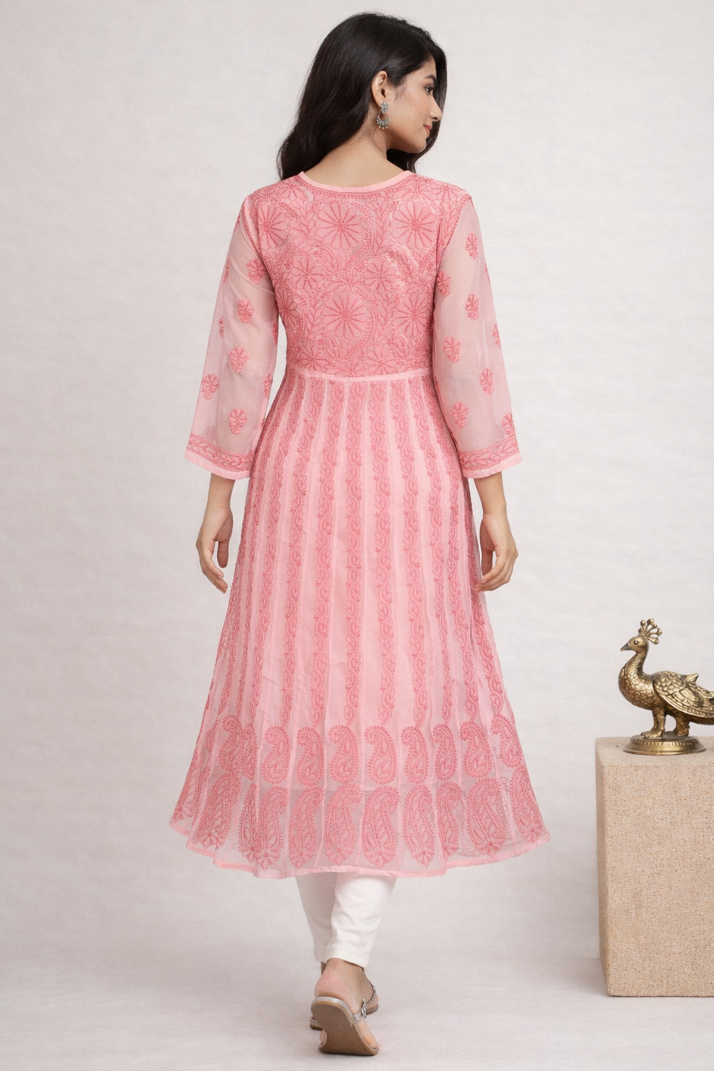 Lucknowi Chikankari Peach 'Aarooi' Georgette Anarkali-K30038