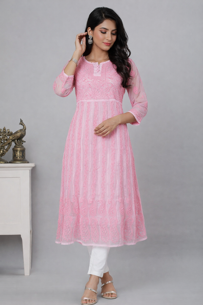 Lucknowi Chikankari Pink 'Shagufta' Georgette Anarkali-K30039
