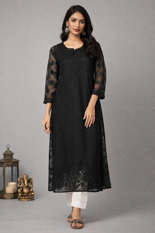 Lucknowi Chikankari Black 'Siah' Georgette Anarkali-K30049