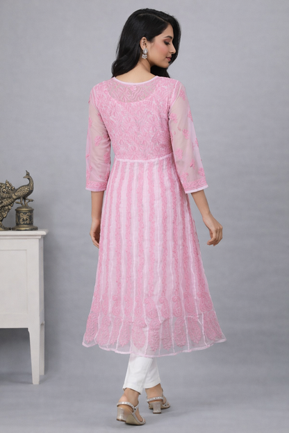 Lucknowi Chikankari Pink 'Shagufta' Georgette Anarkali-K30039