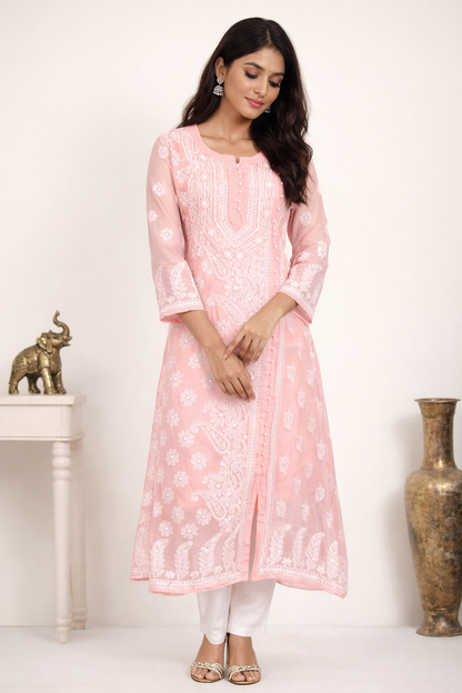 Lucknow Chikankari Peach 'Aarooi' Georgette A-Line Kurti-K30030