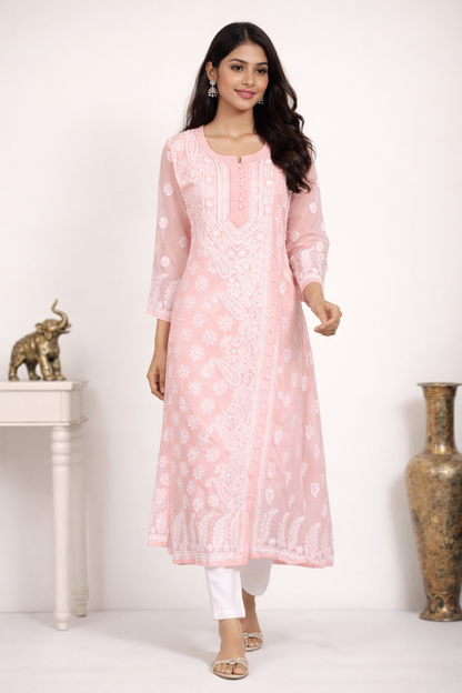 Lucknow Chikankari Peach 'Aarooi' Georgette A-Line Kurti-K30030