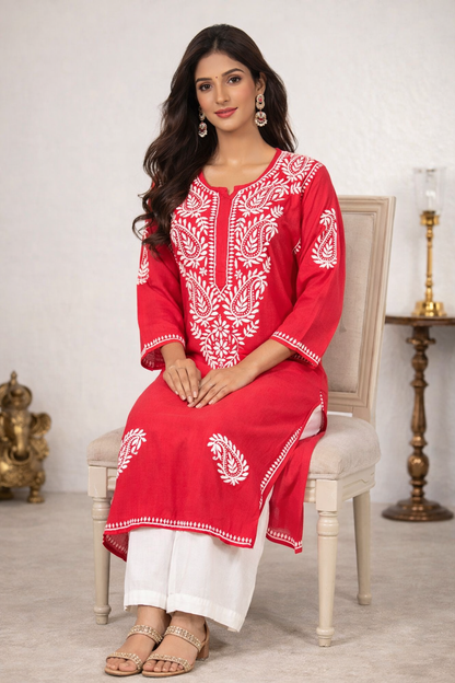 Lucknowi Chikankari Coral Pink 'Shagufta' Rayon Kurti-K40085