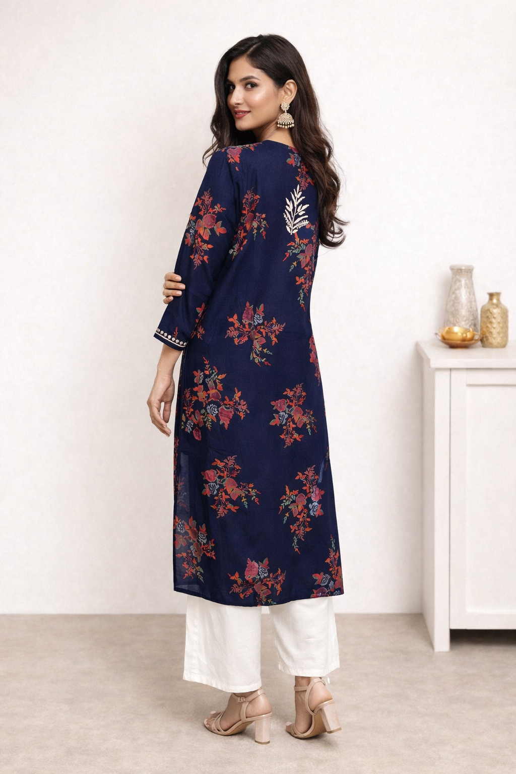 Lucknowi Chikankari Navy Blue 'Aab-e-Asmaan' Printed Rayon Kurti-K30079