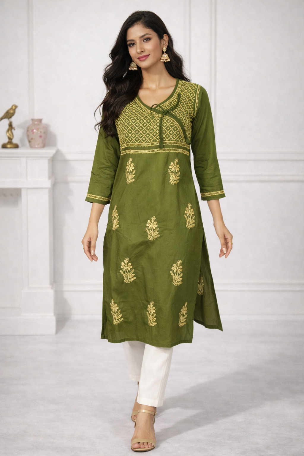 Lucknowi Chikankari Mahendi Green 'Bahar' Cotton Angrakha-K40009