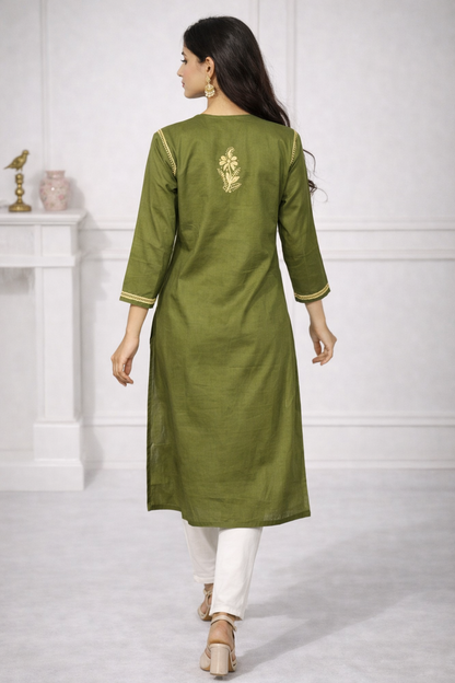 Lucknowi Chikankari Mahendi Green 'Bahar' Cotton Angrakha-K40009