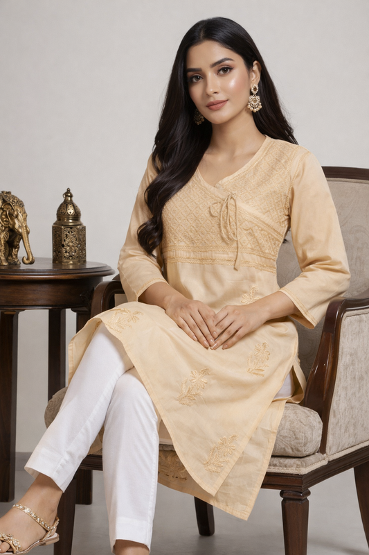 Lucknowi Chikankari Fawn 'Karimi' Cotton Angrakha-K40010