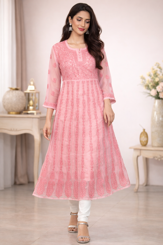 Lucknowi Chikankari Peach 'Aarooi' Georgette Anarkali-K30041