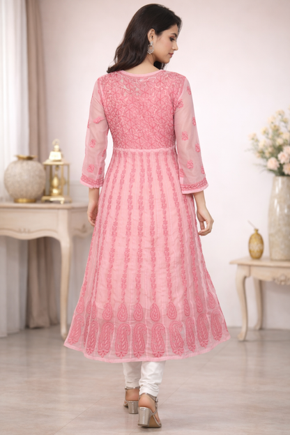 Lucknowi Chikankari Peach 'Aarooi' Georgette Anarkali-K30041