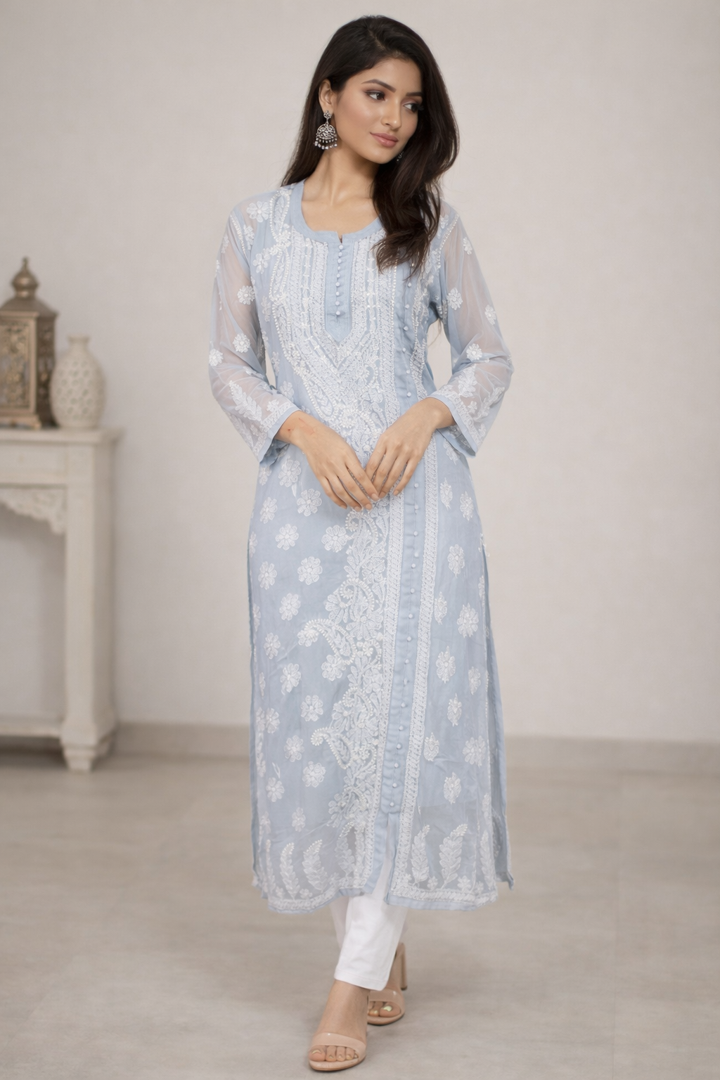 Lucknow Chikankari Grey 'Dhoondhla' Georgette A-Line Kurti-K30058