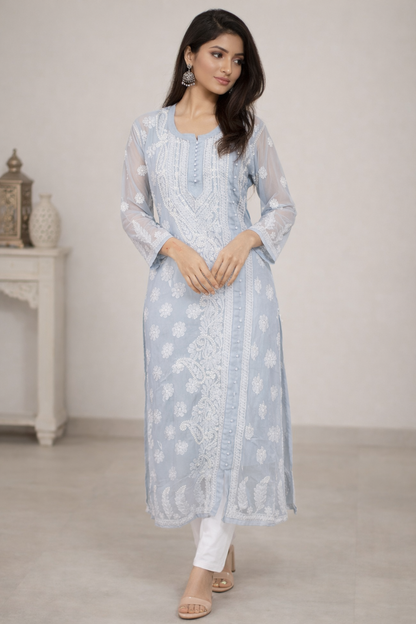 Lucknow Chikankari Grey 'Dhoondhla' Georgette A-Line Kurti-K30058