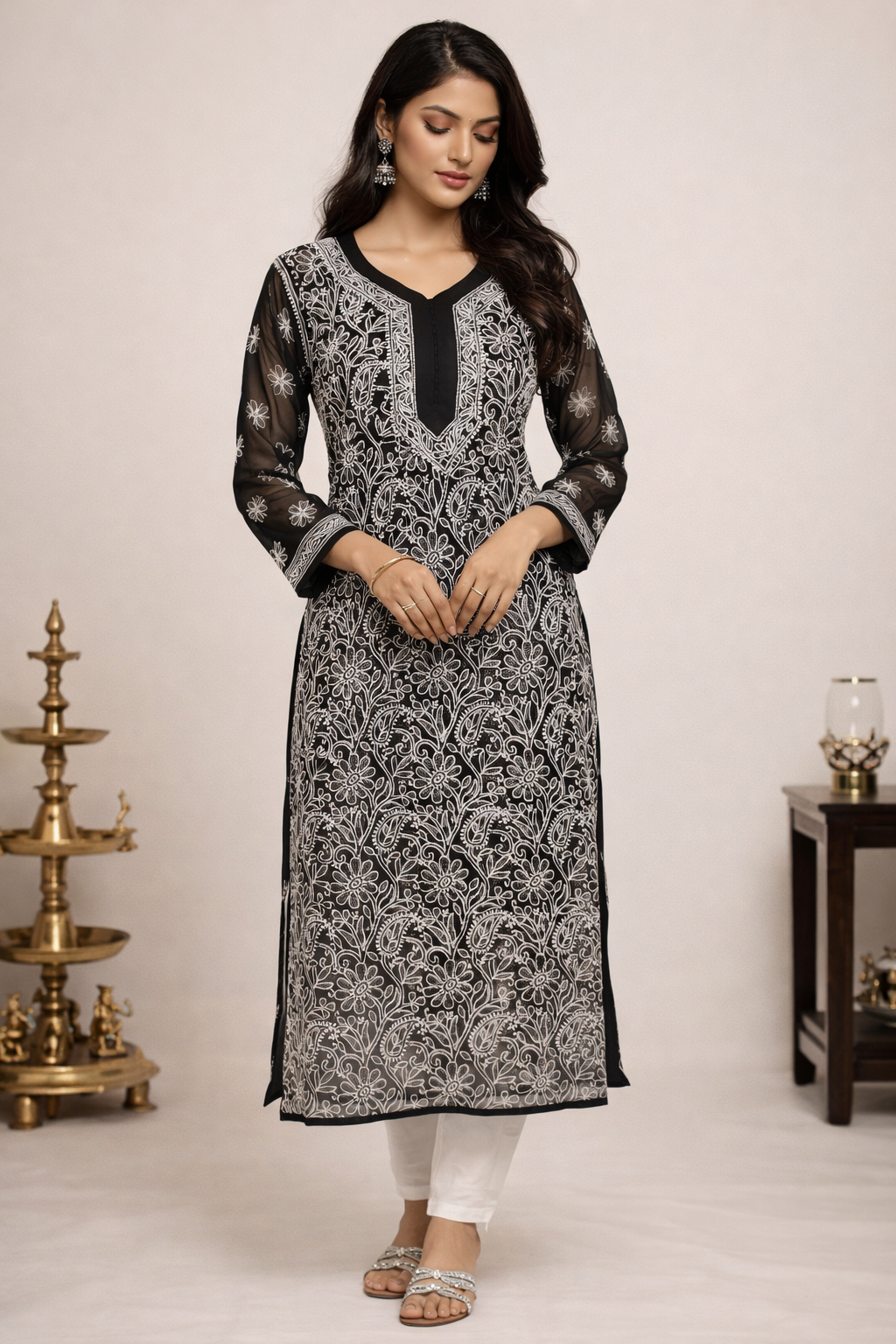 Lucknowi Chikankari Black 'Siah' Georgette Kurti-K30053