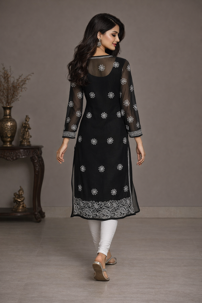 Lucknowi Chikankari Black 'Siah' Georgette Kurti-K30053