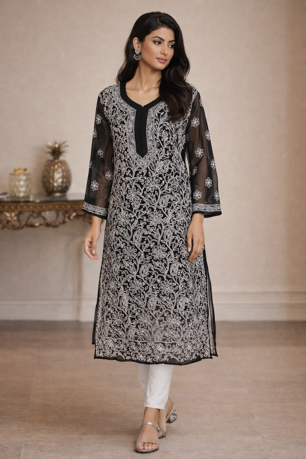 Lucknow Fashion Diary Lucknowi Chikankari Black Georgette Kurti For Women