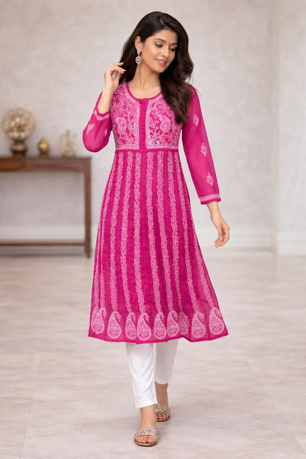 Lucknowi Chikankari Pink 'Shagufta' Georgette Anarkali-K30064