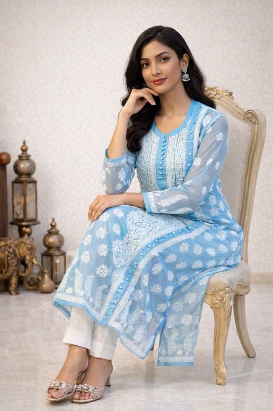 Lucknow Chikankari Blue 'Aab-e-Asmaan' Georgette A-Line Kurti-K30069