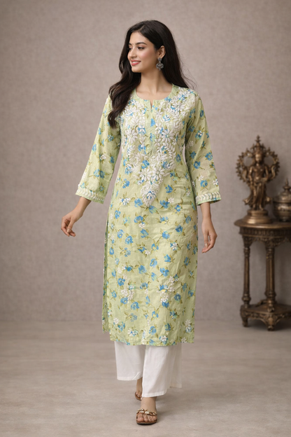 Lucknowi Chikankari Cream 'Karimi' Printed Rayon Kurti-K30072
