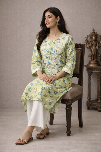 Lucknowi Chikankari Cream 'Karimi' Printed Rayon Kurti-K30072