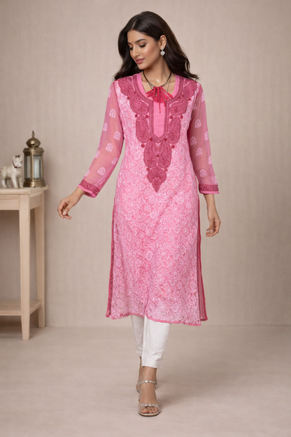 Lucknowi Chikankari Pink 'Shagufta' Georgette Kurti-K40001