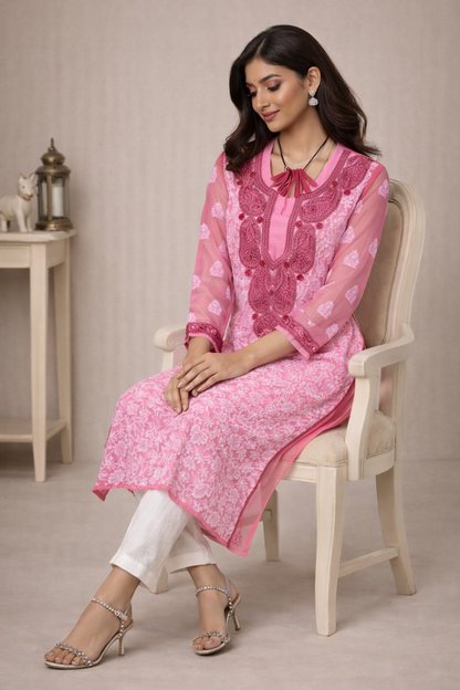 Lucknowi Chikankari Pink 'Shagufta' Georgette Kurti-K40001