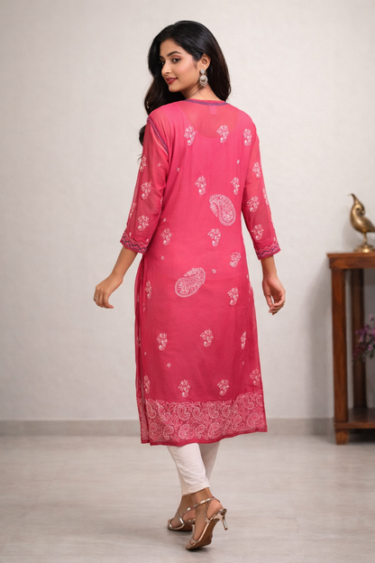 Lucknowi Chikankari Pink 'Shagufta' Georgette Kurti-K40005