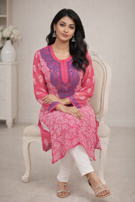 Lucknowi Chikankari Pink 'Shagufta' Georgette Kurti-K40005