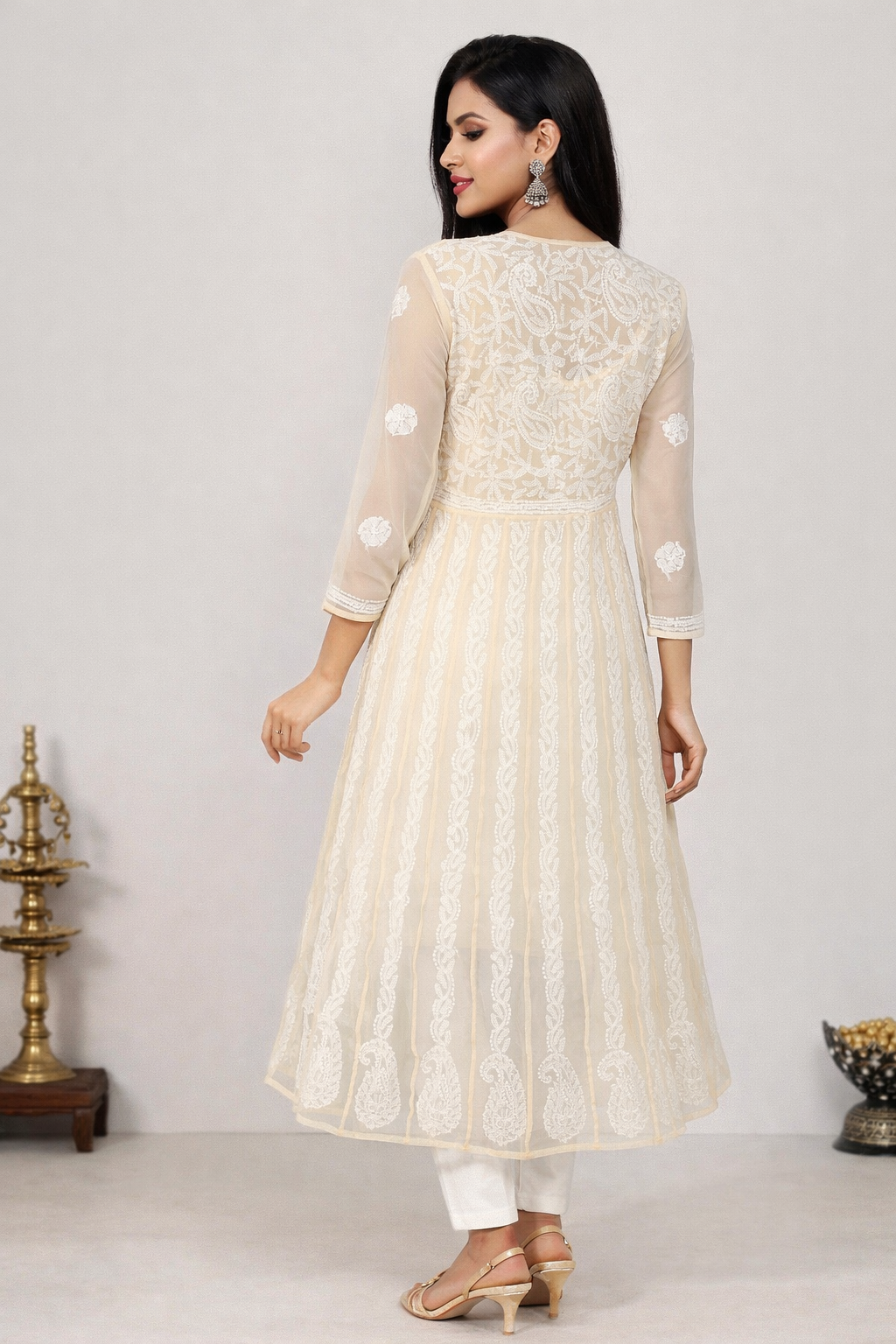 Lucknowi Chikankari Cream 'Karimi' Georgette Anarkali-K40035