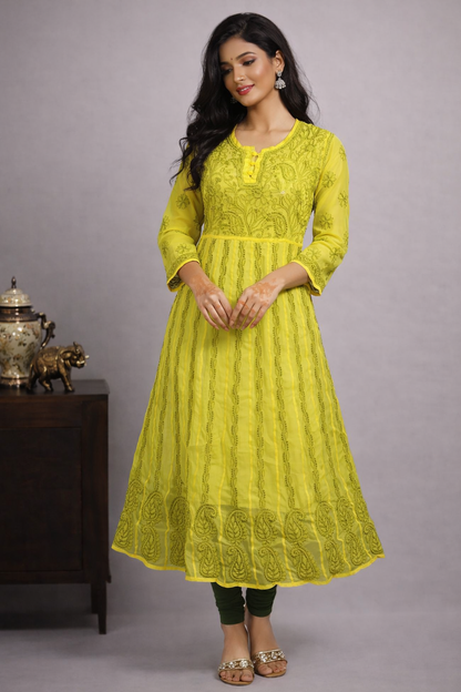 Lucknowi Chikankari Yellow 'Sunehri' Georgette Anarkali-K40036