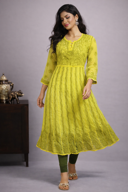 Lucknowi Chikankari Yellow 'Sunehri' Georgette Anarkali-K40036