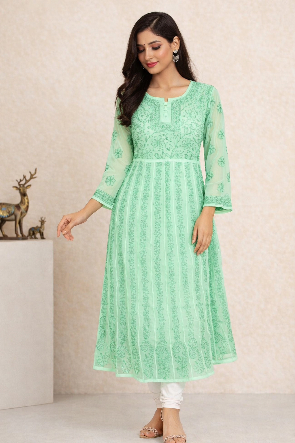 Lucknowi Chikankari Green 'Bahar' Georgette Anarkali-K40038