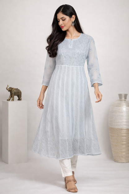 Lucknowi Chikankari Grey 'Dhoondhla' Georgette Anarkali For Women-K40039