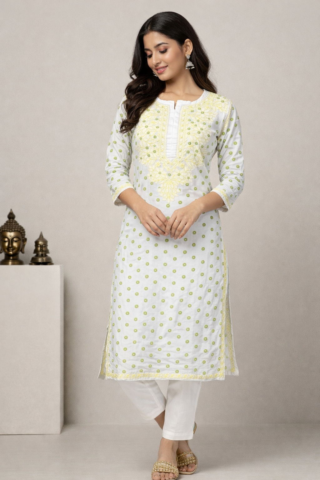 Lucknowi Chikankari White 'Ujaala' Chanderi Kurti-K30073