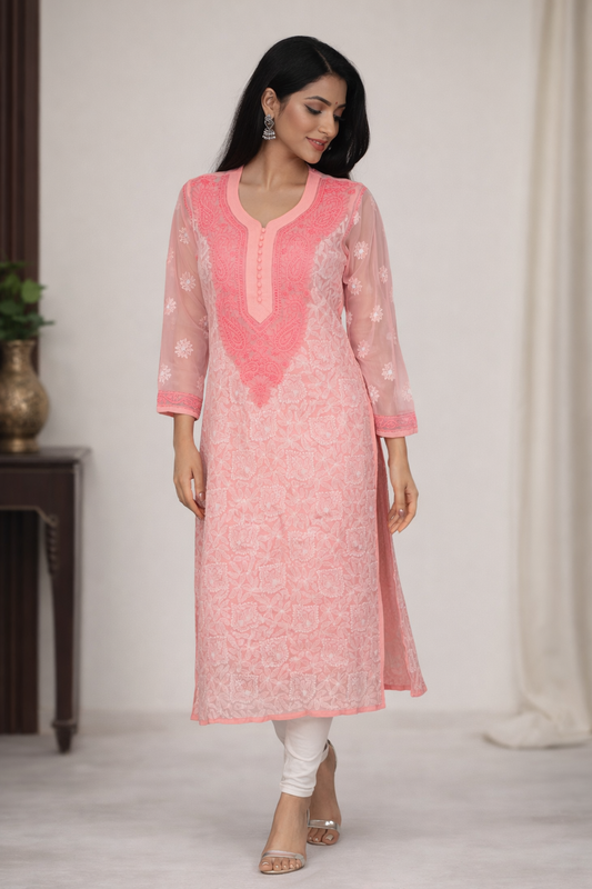 Lucknowi Chikankari Peach 'Aarooi' Georgette Kurti-K40008