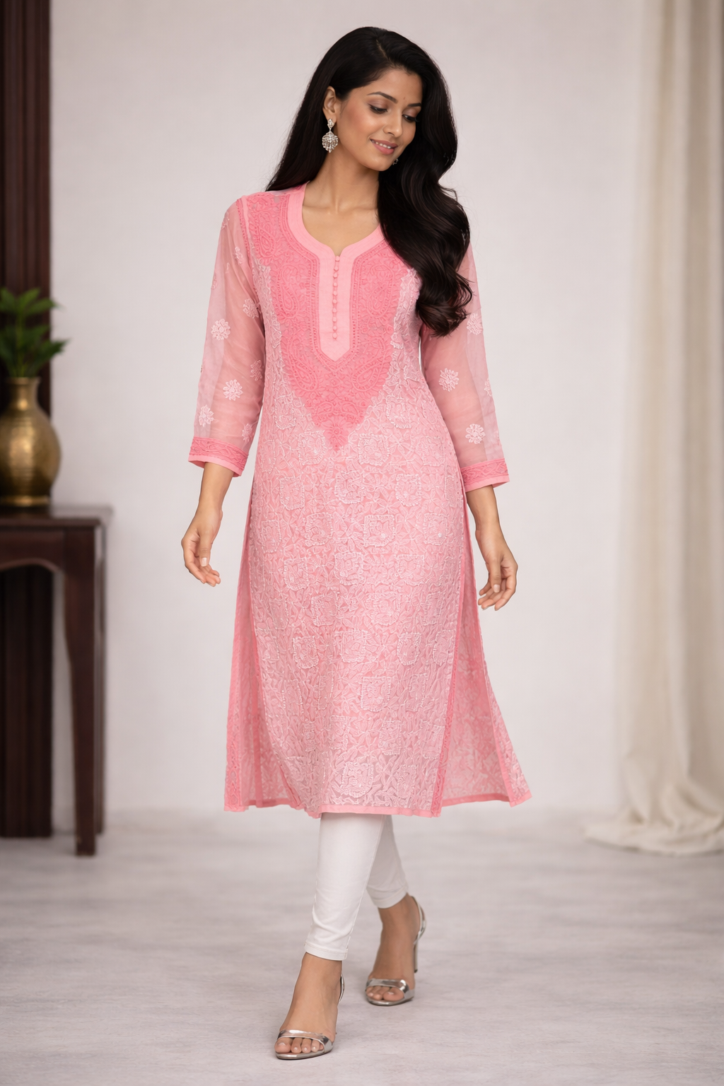 Lucknowi Chikankari Peach 'Aarooi' Georgette Kurti-K40008
