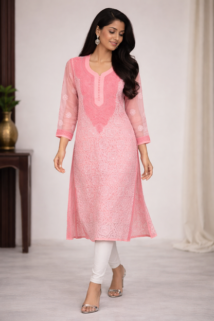 Lucknowi Chikankari Peach 'Aarooi' Georgette Kurti-K40008