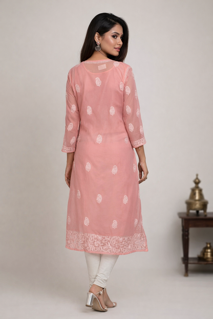 Lucknowi Chikankari Peach 'Aarooi' Georgette Kurti-K40007