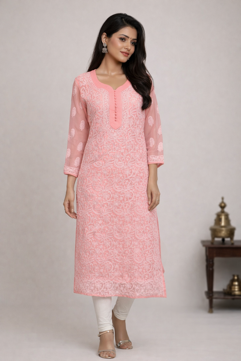 Lucknowi Chikankari Peach 'Aarooi' Georgette Kurti-K40007