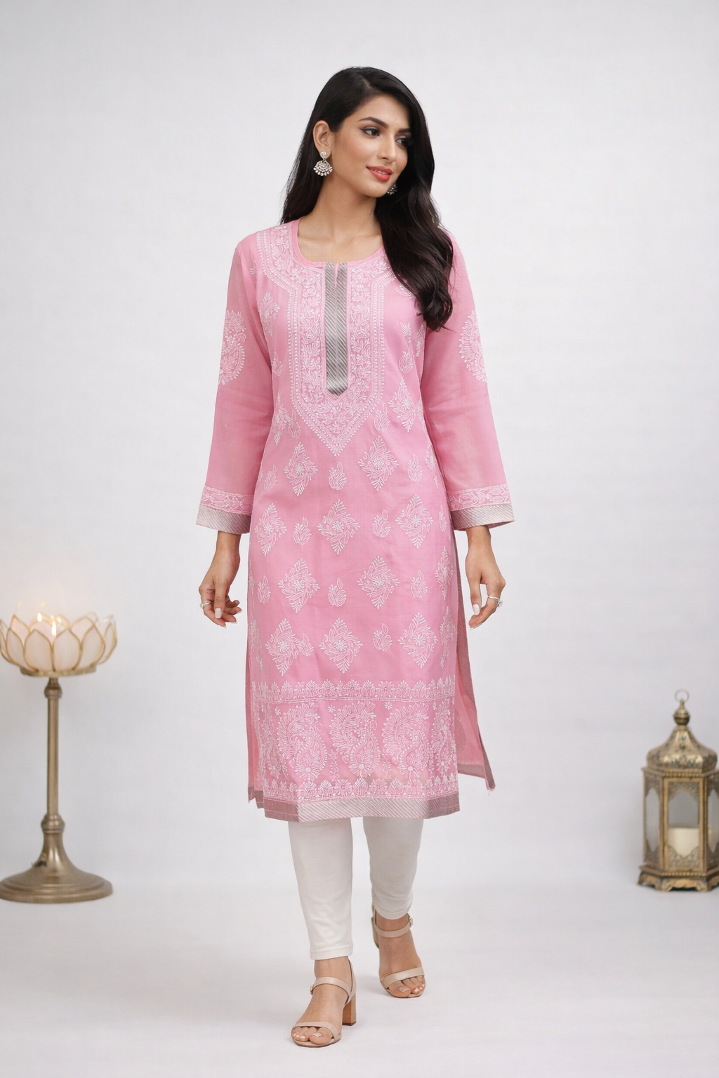 Lucknowi Chikankari Pink 'Shagufta' Khadi Cotton Kurti -K40004