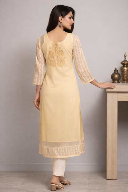 Lucknowi Chikankari Fawn 'Karimi' Georgette Kurti-K40006