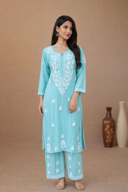 Lucknowi Chikankari Green ' Bahar' Rayon Kurta Bottom-Kb00002