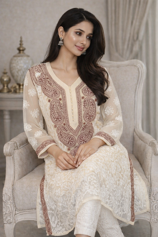 Lucknowi Chikankari Fawn 'Karimi' Georgette Kurti-K40030